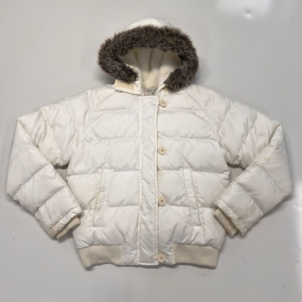 vtg Ralph Lauren Polo Jeans S Womens Faux Fur Hood Puffer Down Jacket Coat Y2K